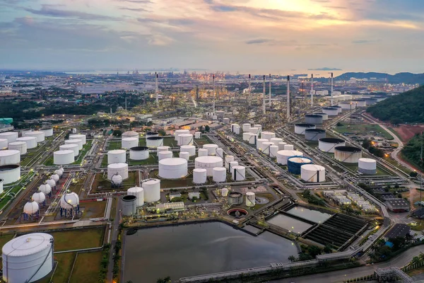 Aerial view of Oil and gas industry - refinery at twilight — Stock Photo, Image