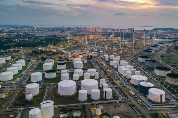 Aerial view of Oil and gas industry - refinery at twilight — Stock Photo, Image