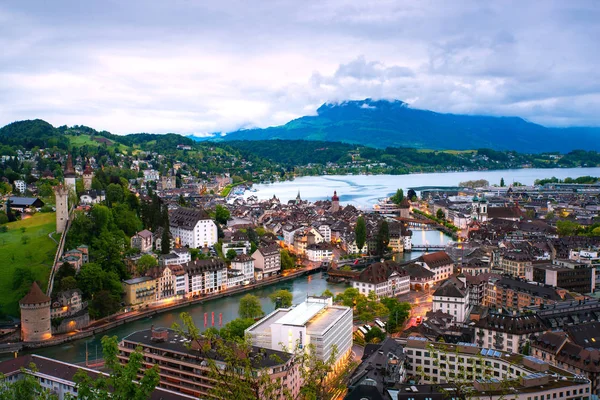 Aerial view of the red tiled roofs of the old town of Lucerne wi — Stok fotoğraf