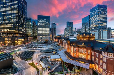 Tokyo tren istasyonu ve Tokyo highrise alacakaranlık ti bina