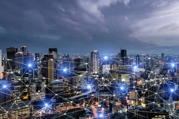 Netwerk Business Connection systeem op Osaka Smart City Scape in — Stockfoto