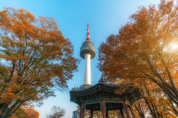 Torre de Seul com folhas de bordo de outono amarelo e vermelho em Namsan mo — Fotografia de Stock