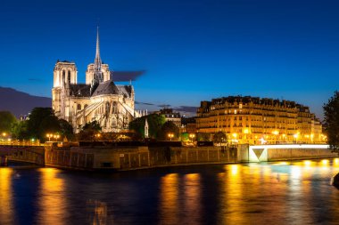 Seine nehri ve Notre Dame de Paris Paris'te gece, Fransa.