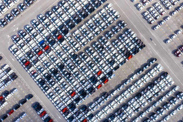 Aerial top view new cars lined up in the port for import export