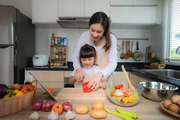 Retrato de una hermosa joven asiática y su hija cocinando — Foto de Stock