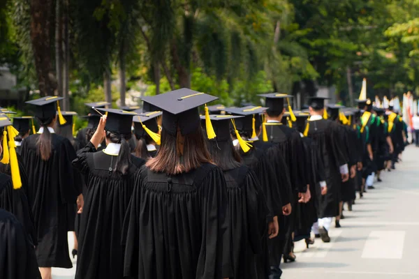 Vue arrière du groupe de diplômés universitaires en robes noires — Photo