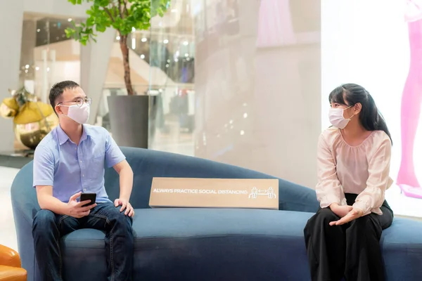 Two Asian Young Man Woman Wearing Mask Talking Friend While — Stock Photo, Image