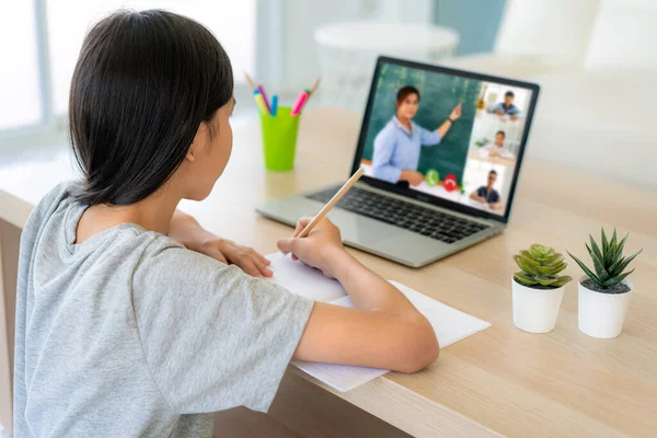 Asian Girl Student Video Conference Learning Teacher Classmates Computer Living — Stock Photo, Image