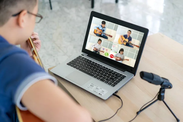 Asian Boy Playing Acoustic Guitar Virtual Happy Hour Meeting Play — Stock Photo, Image