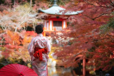 Japonya 'nın Kyoto kentinde sonbahar mevsiminde Digoji Tapınağı' nda kırmızı pagoda ve kırmızı akçaağaç yaprağıyla dikilen geleneksel kimino elbiseli genç Japon kız gezgin. Japonya turizmi, doğa hayatı veya manzara en çok ziyaret edilen turizm konsepti.
