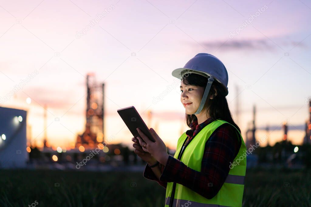 Asian woman petrochemical engineer working at night with digital tablet Inside oil and gas refinery plant industry factory at night for inspector safety quality control
