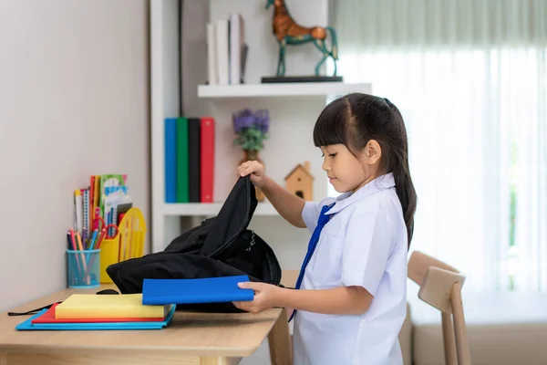 Asian Cute Primary School Girls Packing School Bags Preparing First — Stock Photo, Image