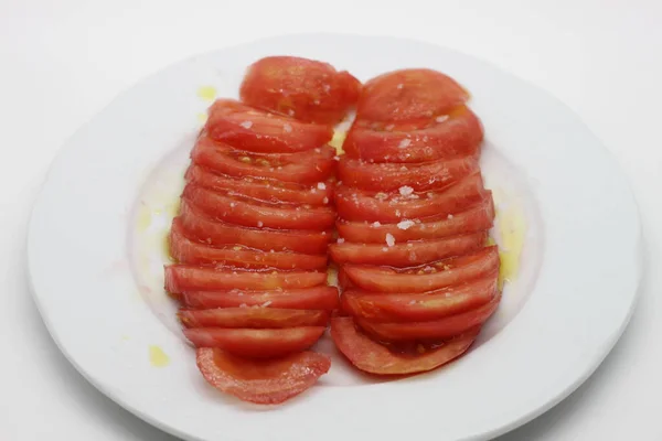 Tomates Biologiques Pelées Coupées Tranches Avec Huile Olive Sel — Photo