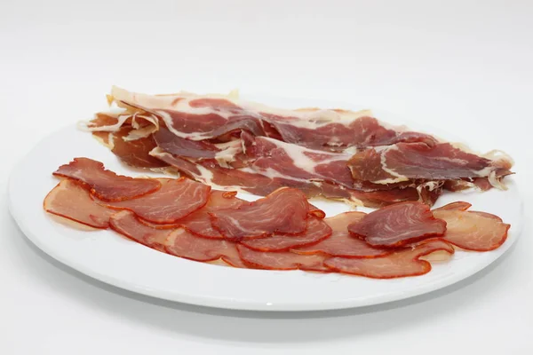 Iberian Ham Loin White Plate — Stock Photo, Image