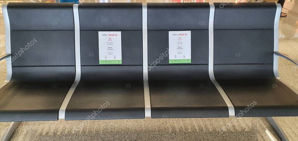 Palma de mallorca, balearic islands, Spain, August, 12, 2020: distancing measures by covid 19 at the airport of palma de mallorca