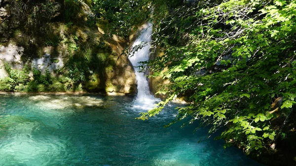 Cascada Piscina Agua Azul Turquesa Fuente Urederra Parque Natural Urbasa —  Fotos de Stock