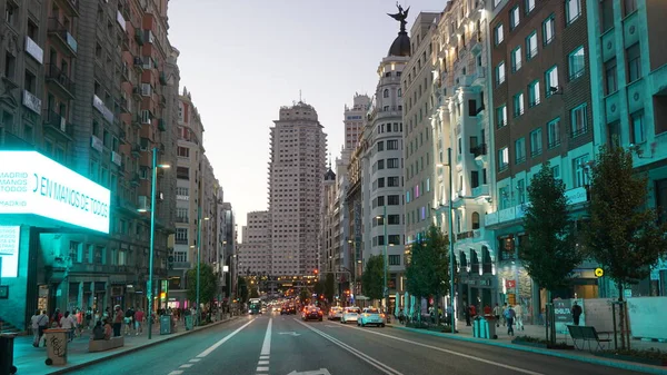 Madrid España Septiembre 2020 Paisaje Gran Vía Madrid Atardecer — Foto de Stock