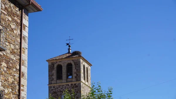 Hnízdo Čápů Zvonici Garganta Los Montes Sierra Norte Madrid — Stock fotografie