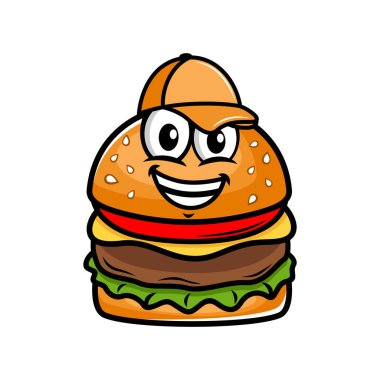 Beyzbol Şapkası logosunda Burger Maskotu. Vektör illüstrasyonu..