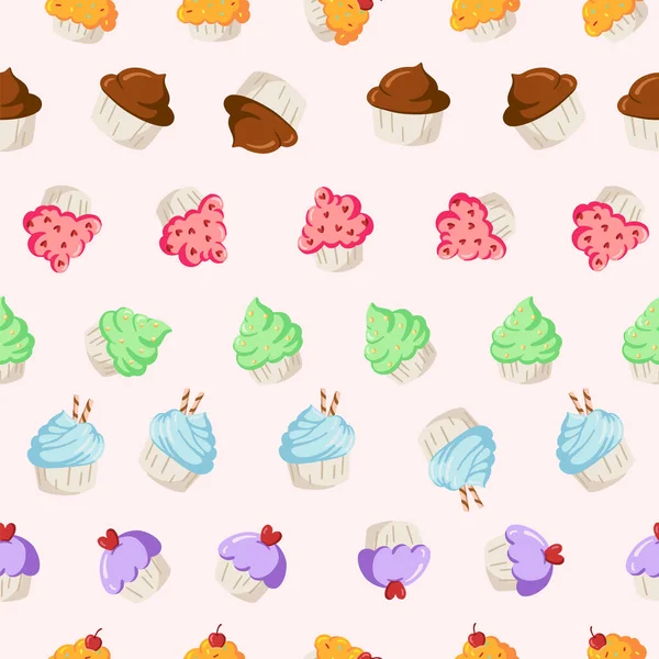 Vector Schattig Kleurrijke Cupcakes Handgetekend naadloos patroon — Stockvector