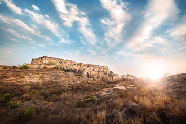 Сонце Поставив Mehrangarh Форт Джодхпурі Раджастан Індія Юнеско Світу Herritage — стокове фото