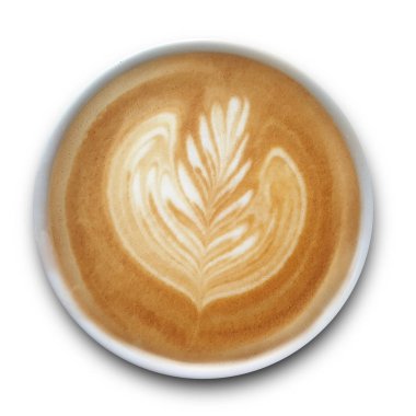 Beyaz arka planda yalıtılmış Latte sanat kahve bir kupa üst görünümü.