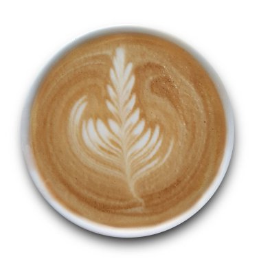 Beyaz arka planda yalıtılmış Latte sanat kahve bir kupa üst görünümü.