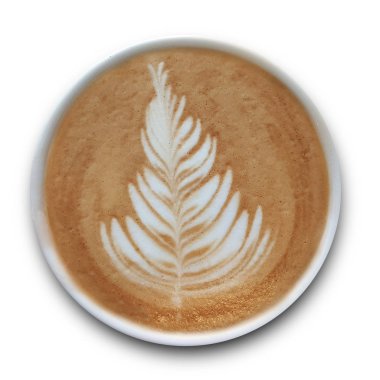 Beyaz arka planda yalıtılmış Latte sanat kahve bir kupa üst görünümü.