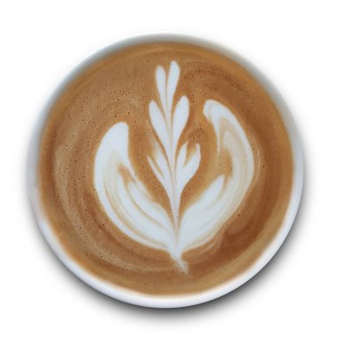 Beyaz arka planda yalıtılmış Latte sanat kahve bir kupa üst görünümü.