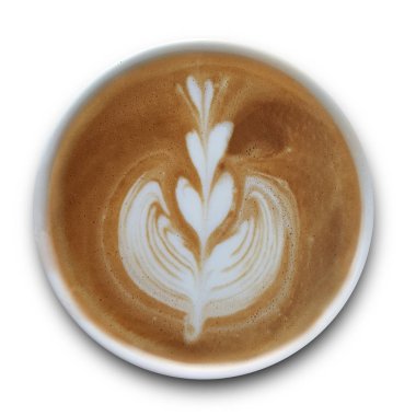 Beyaz arka planda yalıtılmış Latte sanat kahve bir kupa üst görünümü.