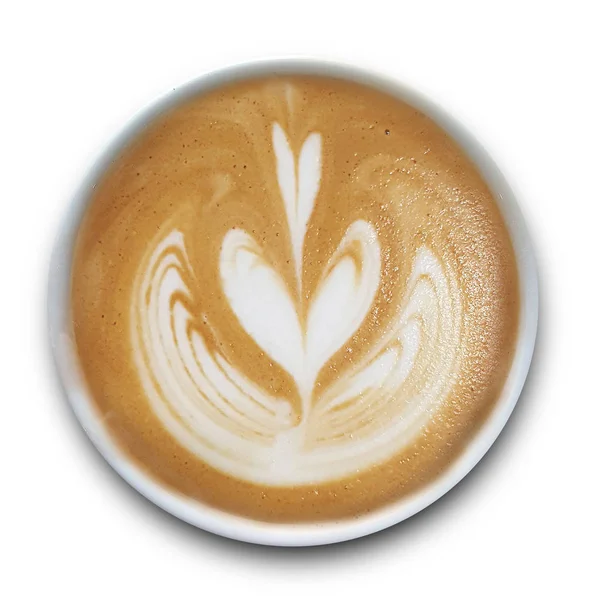白い背景にアイソルトされたラテアートコーヒーのマグカップのトップビュー — ストック写真