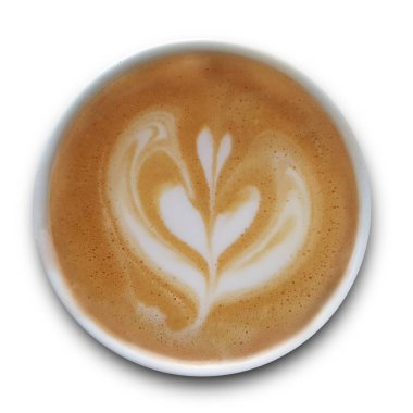 Beyaz arka planda yalıtılmış Latte sanat kahve bir kupa üst görünümü.