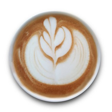 Beyaz arka planda yalıtılmış Latte sanat kahve bir kupa üst görünümü.