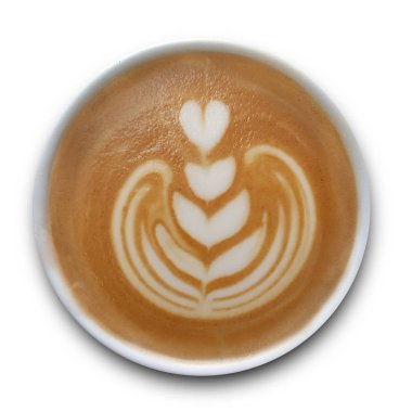 Beyaz arka planda yalıtılmış Latte sanat kahve bir kupa üst görünümü.