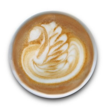 Beyaz arka planda yalıtılmış Latte sanat kahve bir kupa üst görünümü.