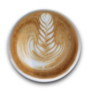 Beyaz arka planda yalıtılmış Latte sanat kahve bir kupa üst görünümü.