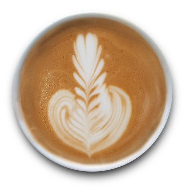 Beyaz arka planda yalıtılmış Latte sanat kahve bir kupa üst görünümü.
