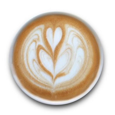 Beyaz arka planda yalıtılmış Latte sanat kahve bir kupa üst görünümü.