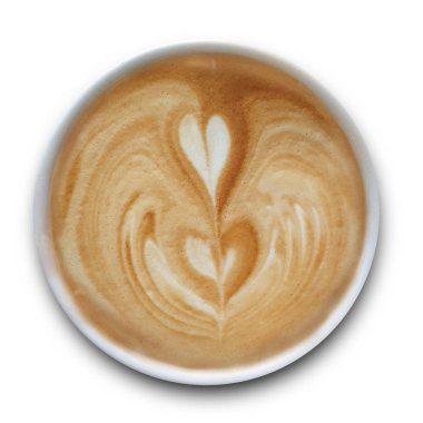 Beyaz arka planda yalıtılmış Latte sanat kahve bir kupa üst görünümü.