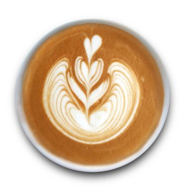 Beyaz arka planda yalıtılmış Latte sanat kahve bir kupa üst görünümü.