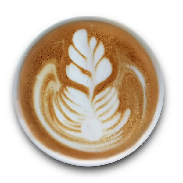 一杯拿铁艺术咖啡的顶视图在白色背景上 — 图库照片