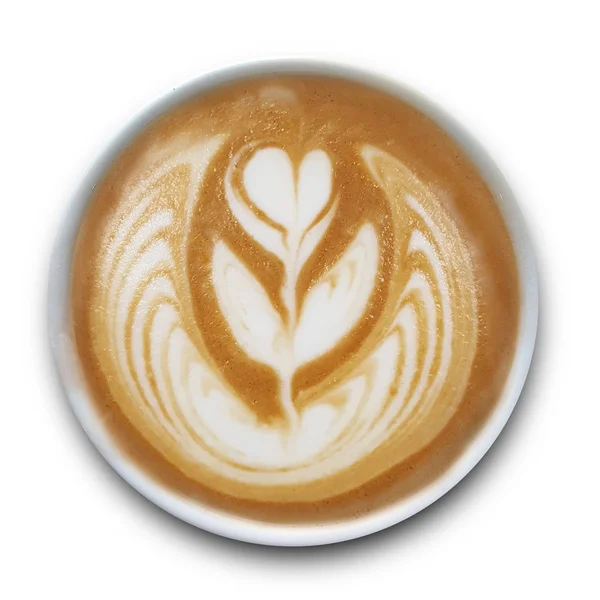 Felülnézet Egy Bögre Latte Art Kávé Elszigetelt Fehér Háttér — Stock Fotó