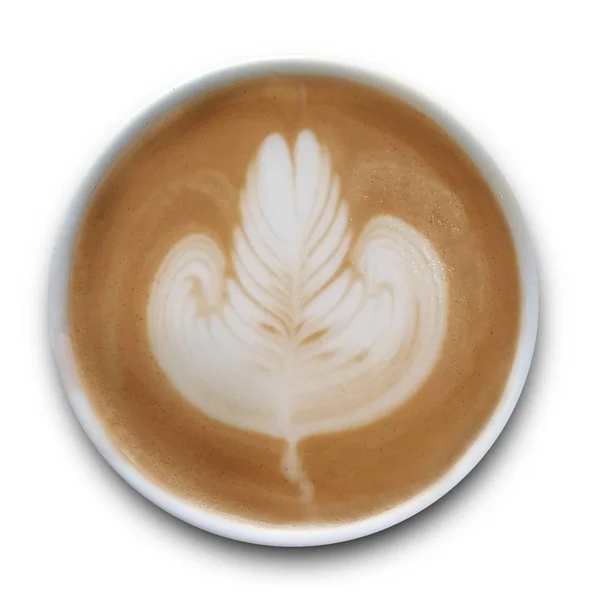 白い背景にアイソルトされたラテアートコーヒーのマグカップのトップビュー — ストック写真