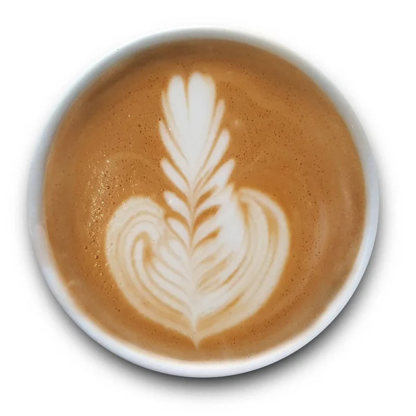 一杯拿铁艺术咖啡的顶视图在白色背景上 — 图库照片