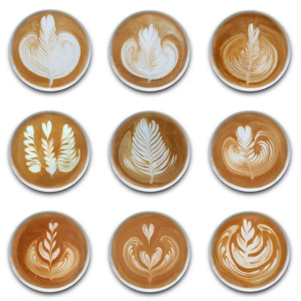 Beyaz arka plan üzerine izole latte sanat kahve kupaları koleksiyonu.