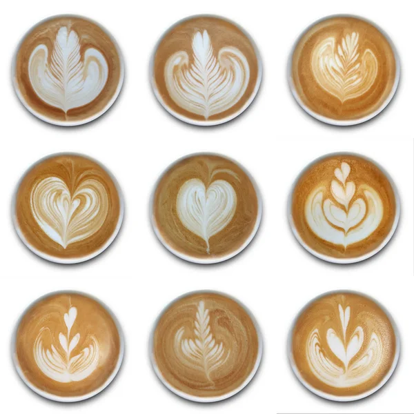 Beyaz arka plan üzerine izole latte sanat kahve kupaları koleksiyonu.