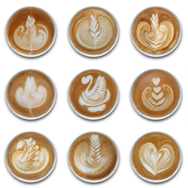 Beyaz arka plan üzerine izole latte sanat kahve kupaları koleksiyonu.