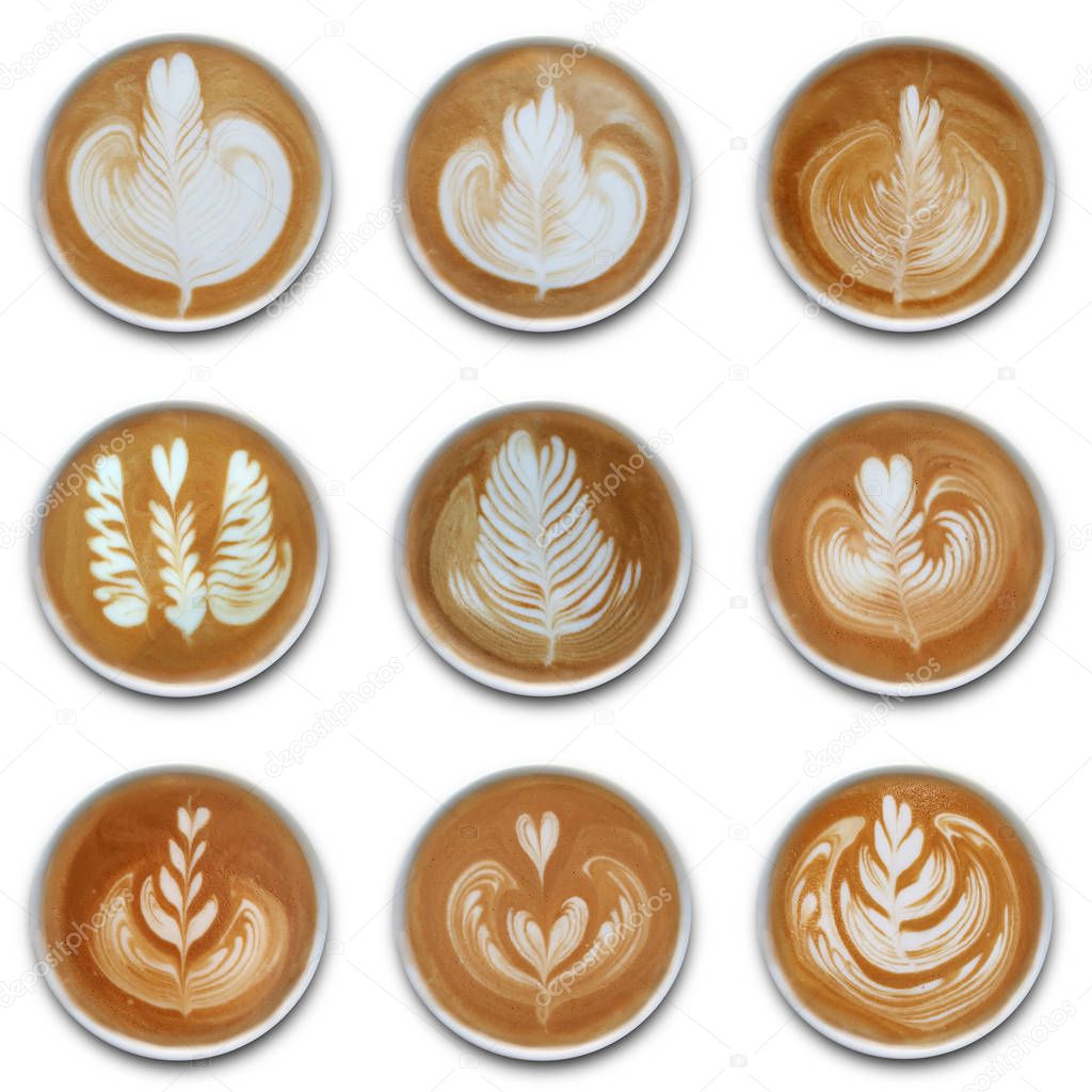 Collection of mugs of latte art coffee isolted on white background.