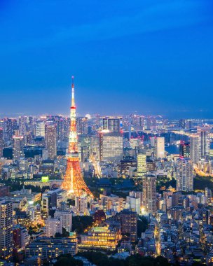 Tokyo 'nun gökdelen manzarası, gökdelenler ofis binası manzarası ve akşam Tokyo şehir merkezi. Japonya, Asya.