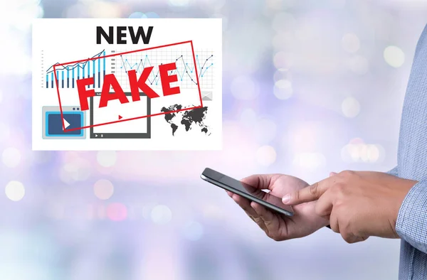 Fake news concept man reading news media technology on smartphone just Fake